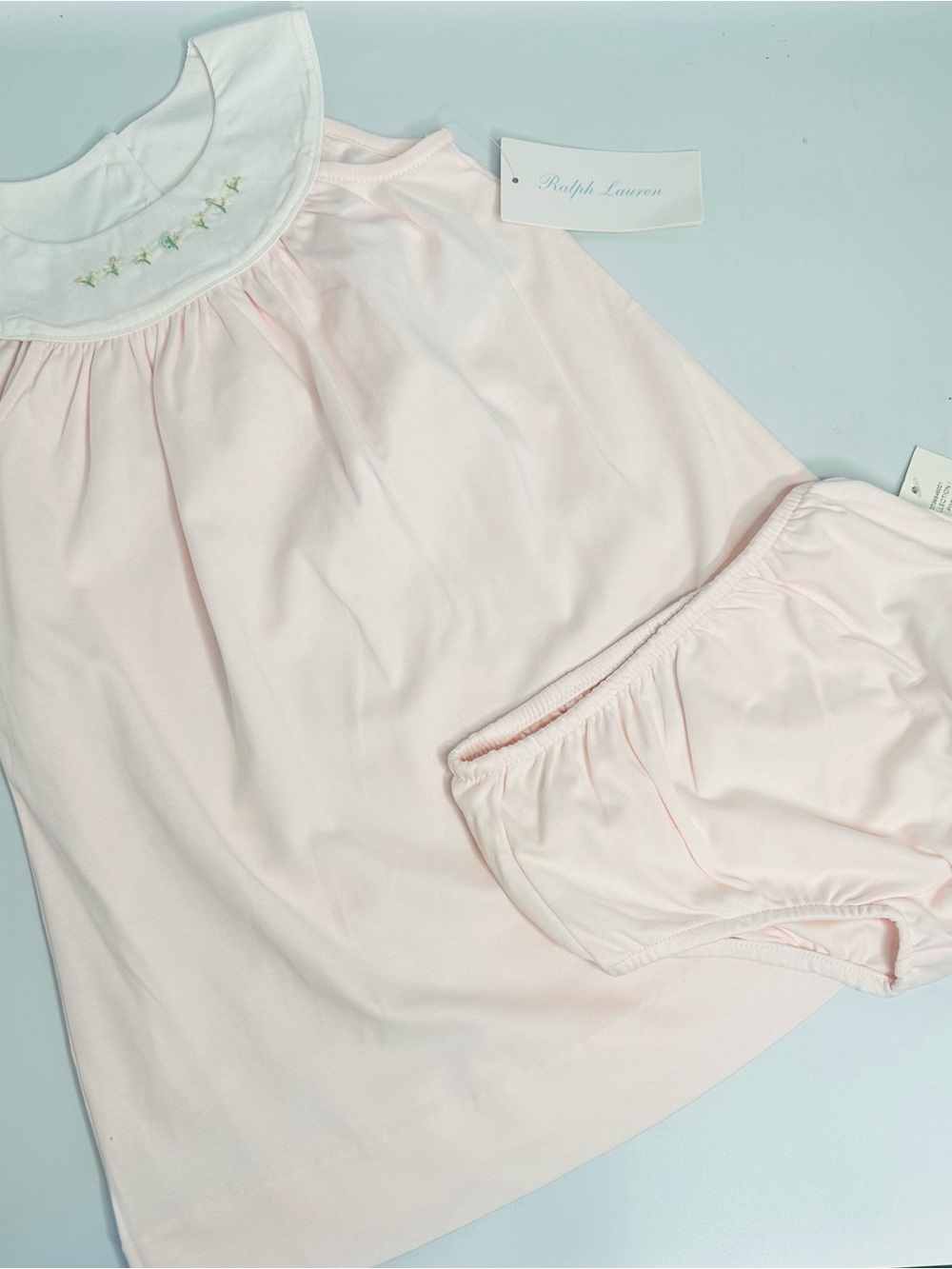 Ralph Lauren Light Pink Smocked Collar Dress & Bloomers Set